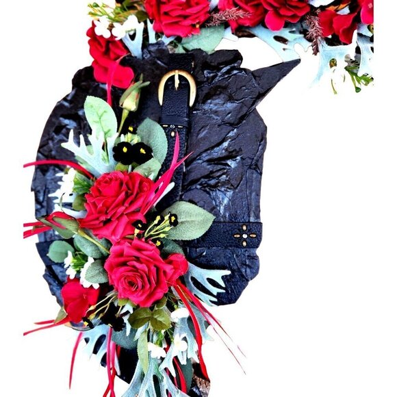 Artificial Floral Wreath With Red Roses & Greenery On Black Textured Base & Rope - Picture 3 of 14